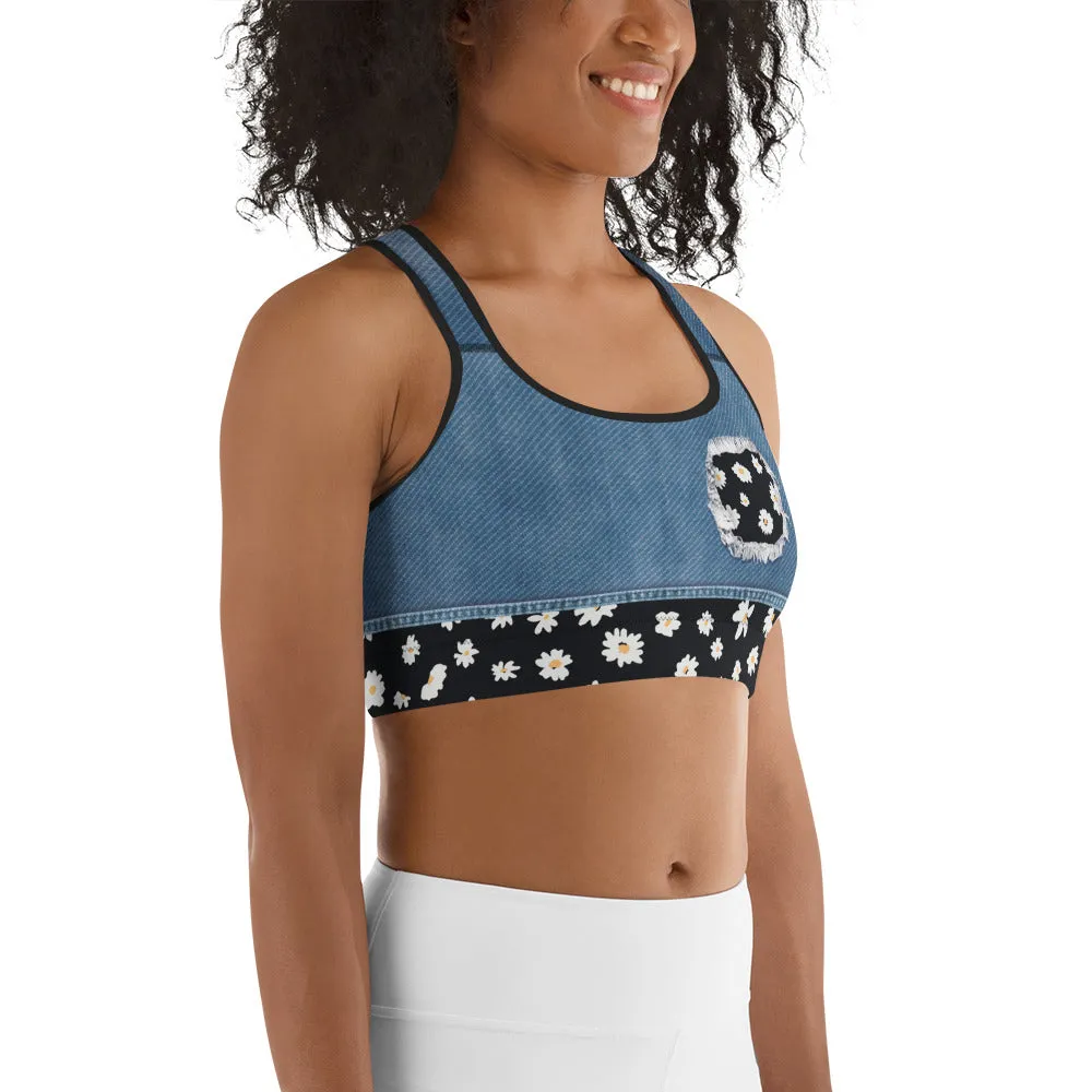 Daisy Denim Print Sports Bra