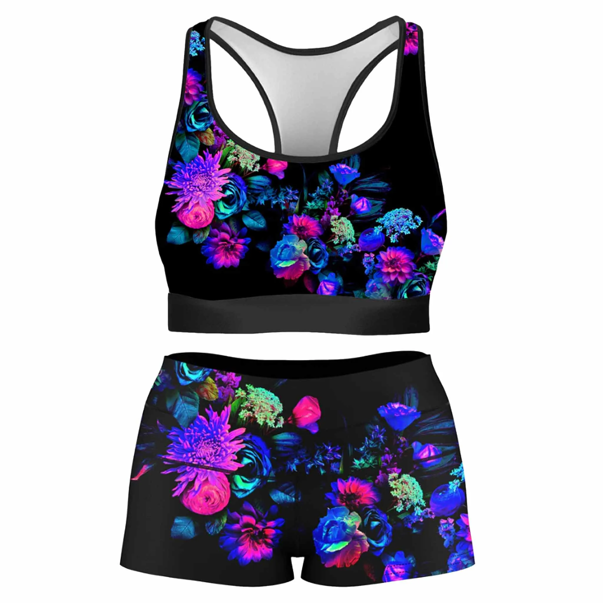 Darkest Bloom Rave Bra and High Waist Booty Shorts Combo