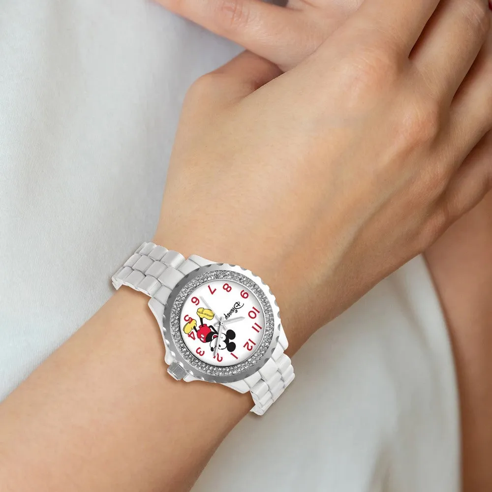 Disney Women's Crystal Bezel Mickey Mouse Watch with White Band