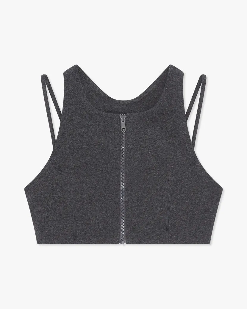 Double Strap Cotton Jersey Zip Up Bra | Dark Heather Grey