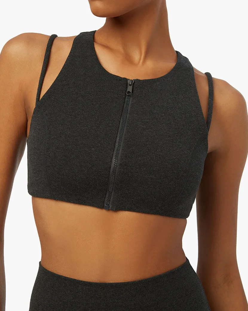 Double Strap Cotton Jersey Zip Up Bra | Dark Heather Grey