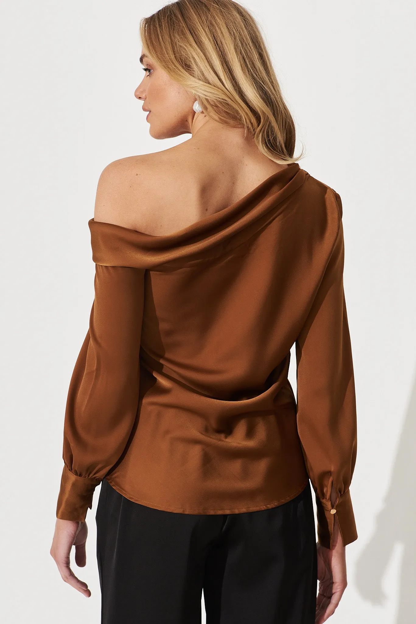 Eleanora Off Shoulder Top In Bronze Satin