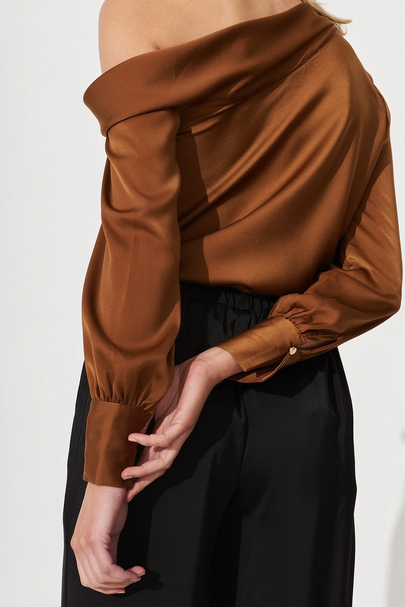 Eleanora Off Shoulder Top In Bronze Satin