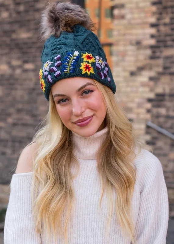 Embroidered Cable Knit Pom Hat