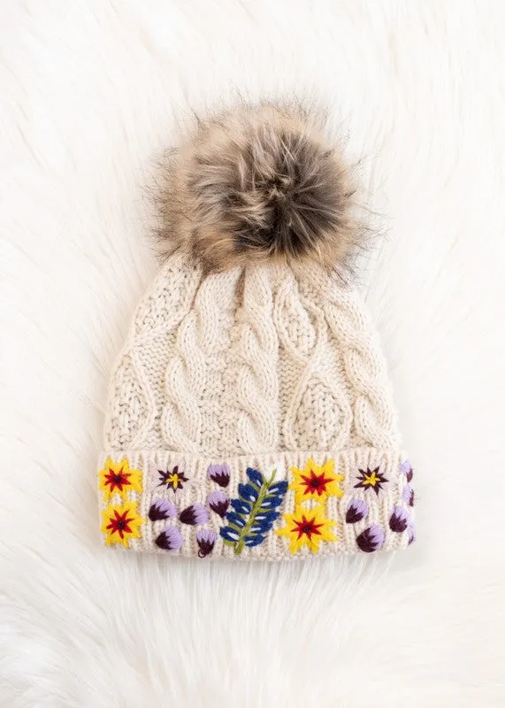 Embroidered Cable Knit Pom Hat