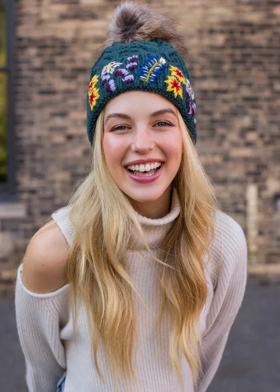 Embroidered Cable Knit Pom Hat