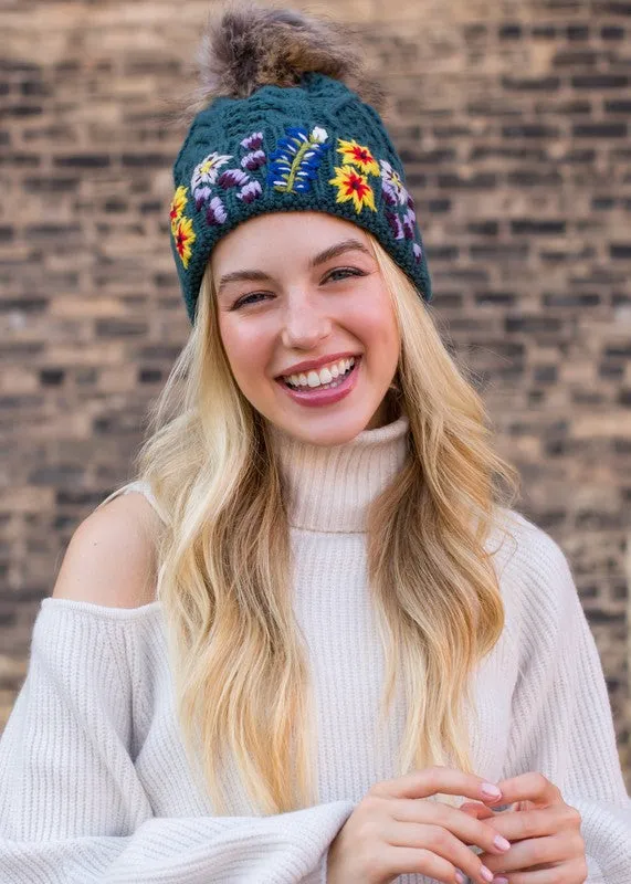 Embroidered Cable Knit Pom Hat