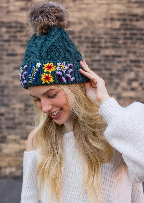 Embroidered Cable Knit Pom Hat