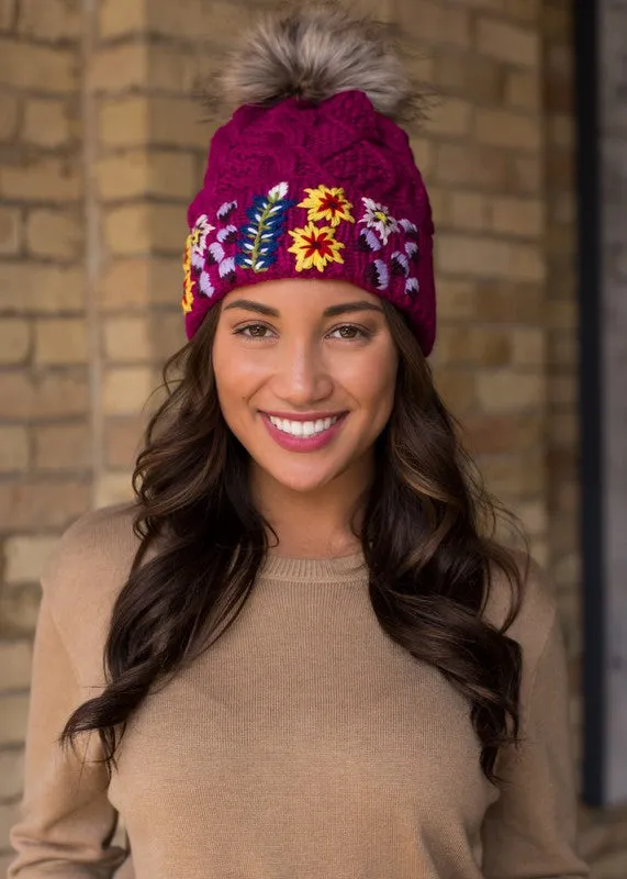 Embroidered Cable Knit Pom Hat