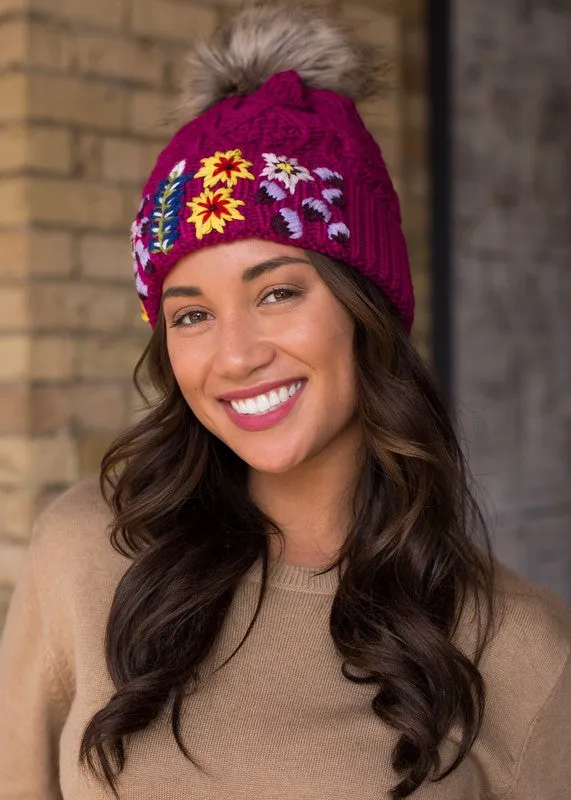 Embroidered Cable Knit Pom Hat