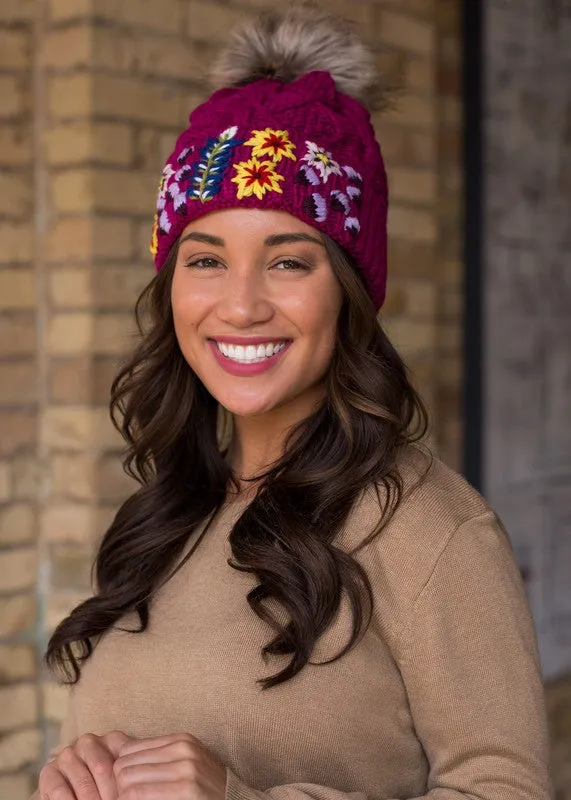 Embroidered Cable Knit Pom Hat