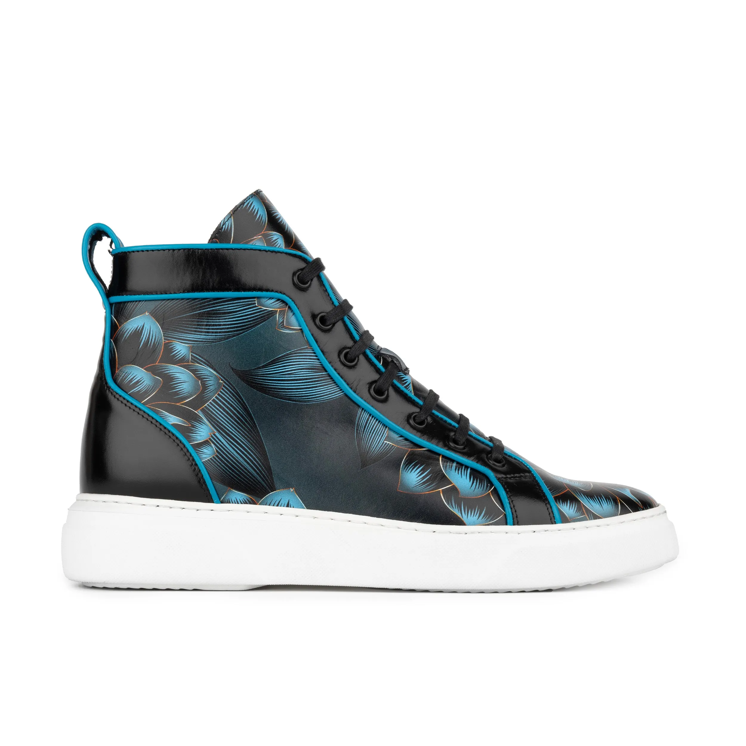 EXSTATIC HIGH BLACK BLUE - Men's high top white sole Italian leather trainer in blue