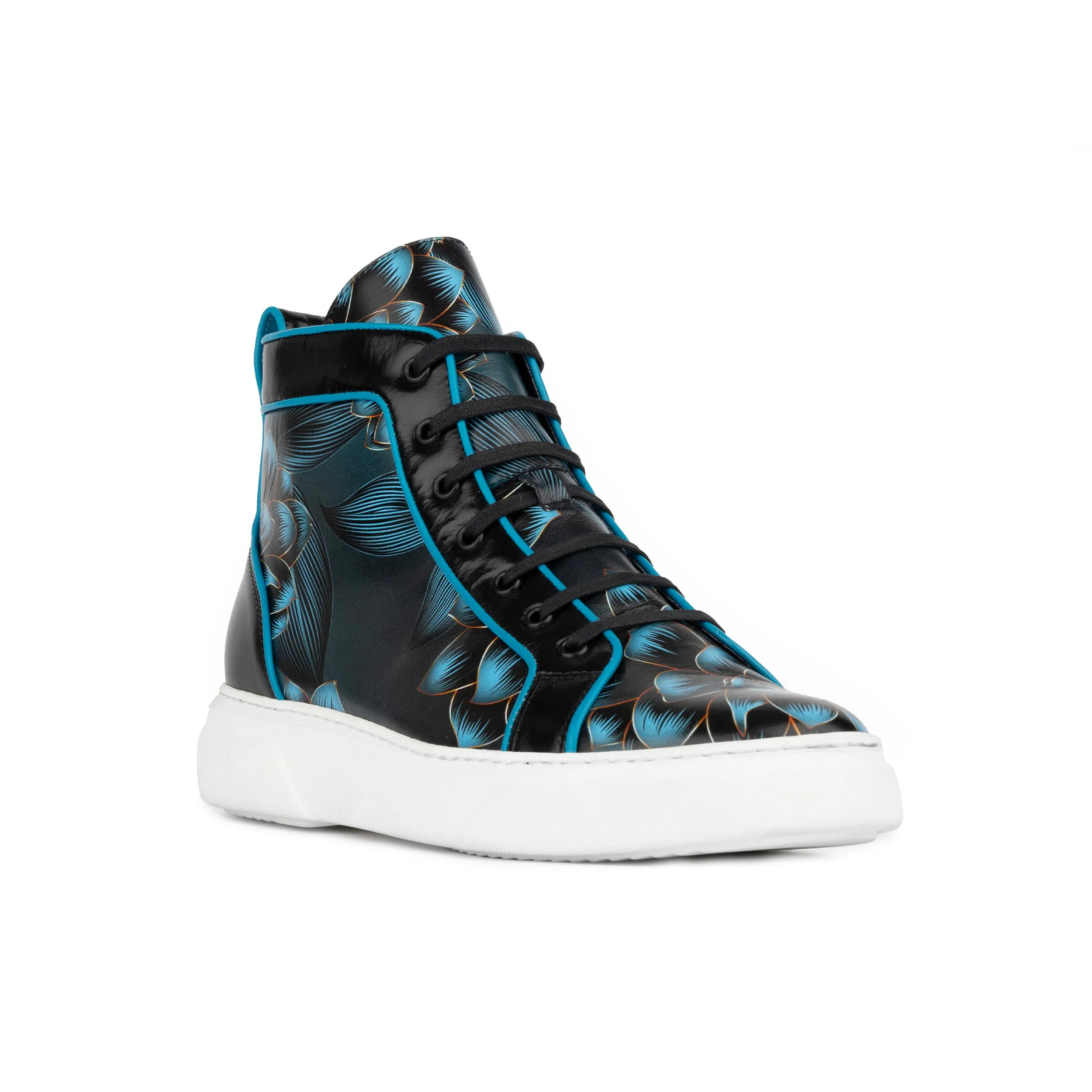 EXSTATIC HIGH BLACK BLUE - Men's high top white sole Italian leather trainer in blue