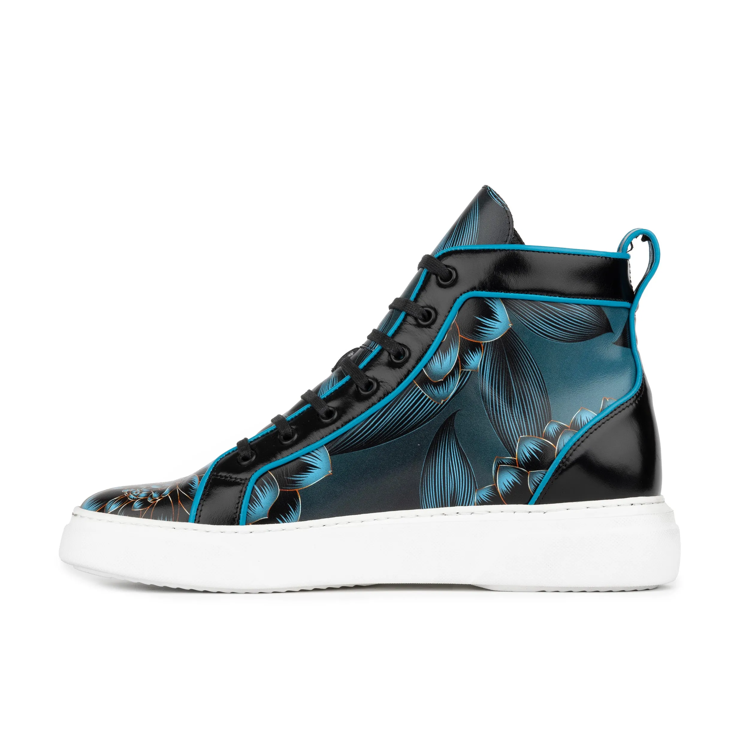 EXSTATIC HIGH BLACK BLUE - Men's high top white sole Italian leather trainer in blue