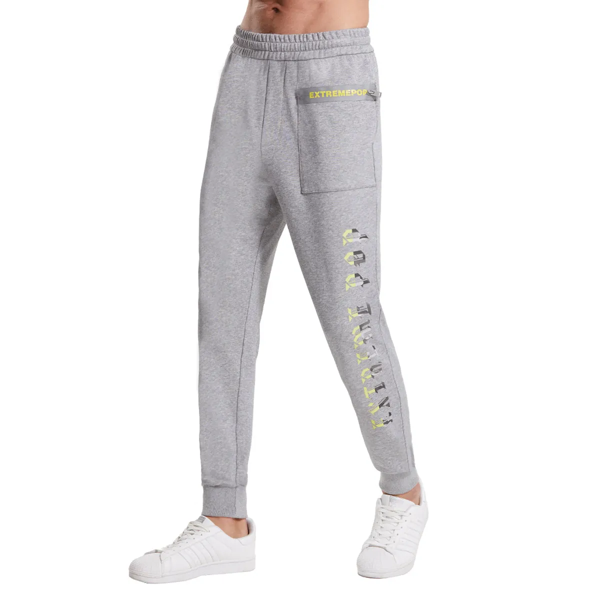 Extreme Pop Mens Cuffed Joggers Reflective Printed Running Pants UK Brand Grey KHAKI black size S M L XL