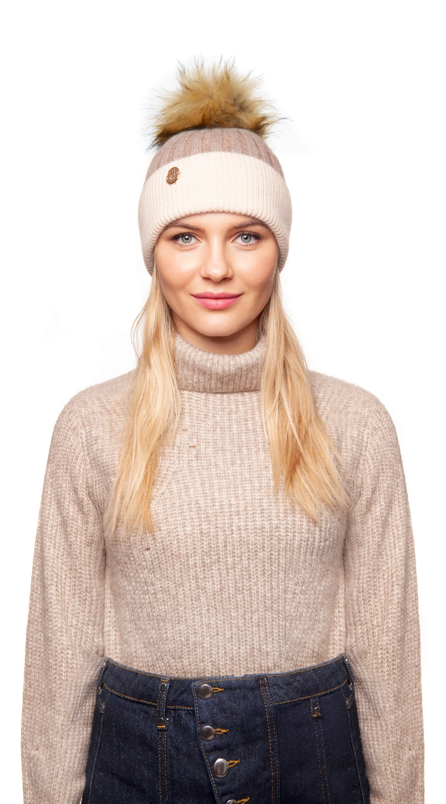 Faux Harley Pom Pom Hat - Oatmeal/Ivory