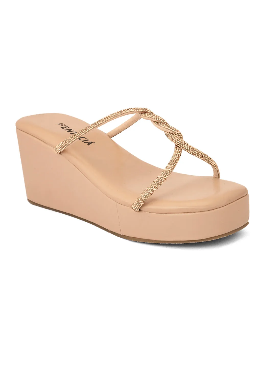 FENTACIA Womens Pink Crossed Strap Ethnic Wedges