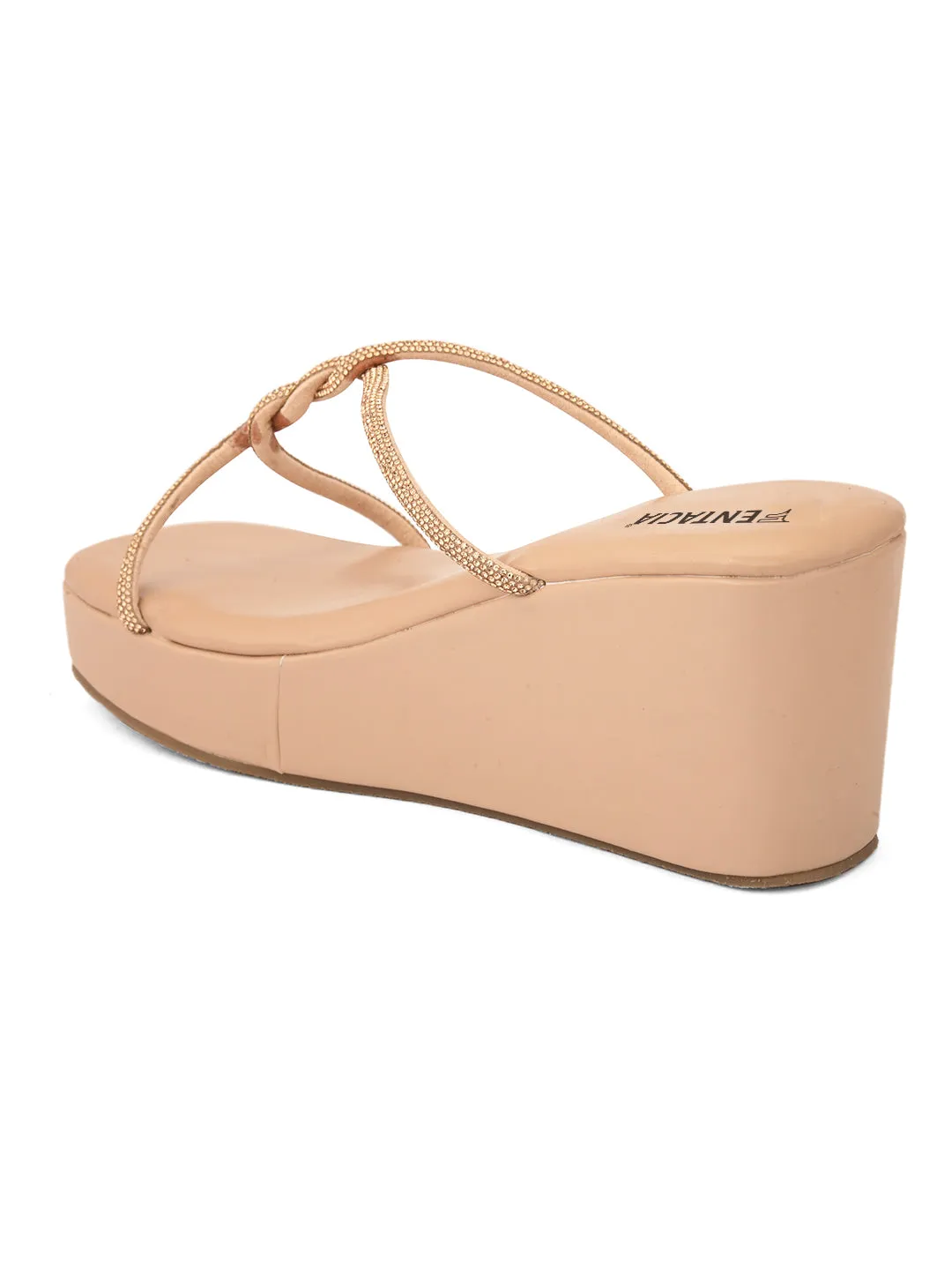 FENTACIA Womens Pink Crossed Strap Ethnic Wedges