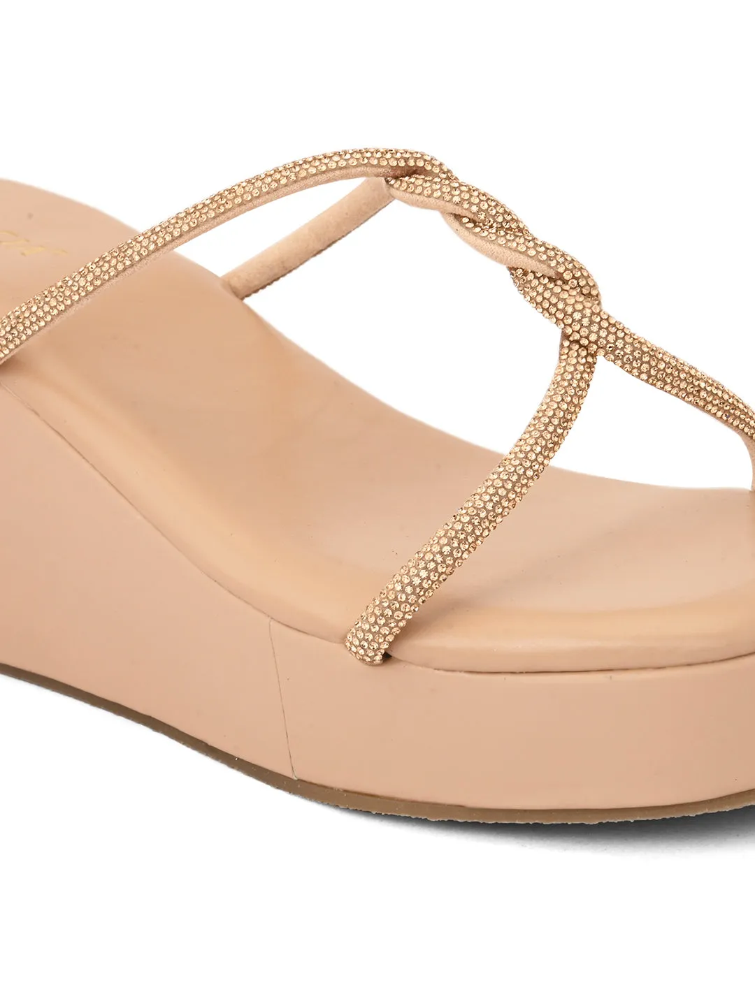 FENTACIA Womens Pink Crossed Strap Ethnic Wedges