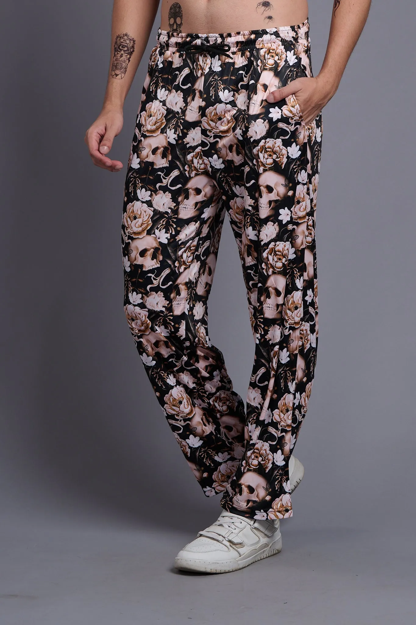 Flower Printed Black and White Joggers for Men