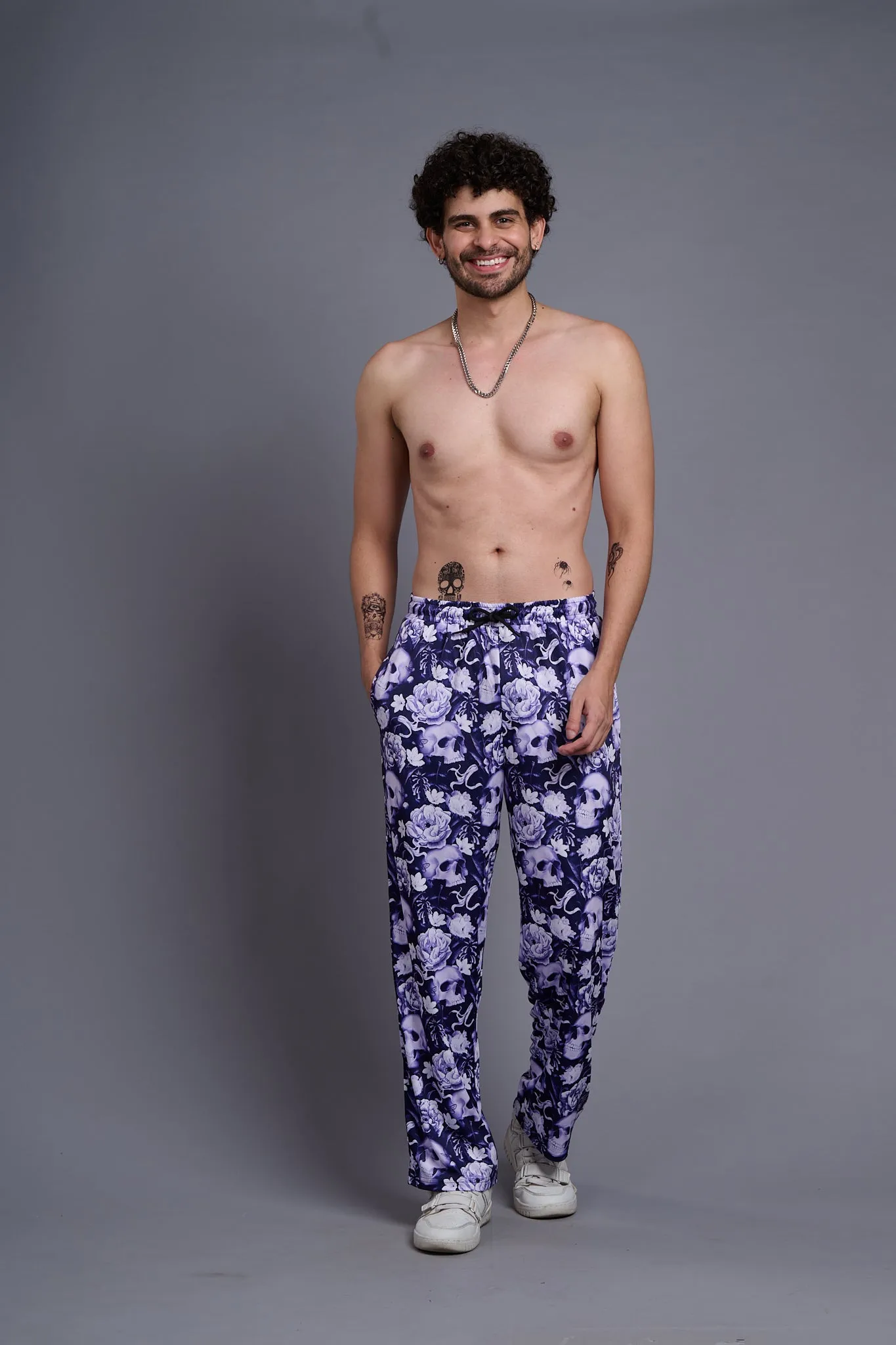 Flower Printed White and Royal Blue Joggers for Men