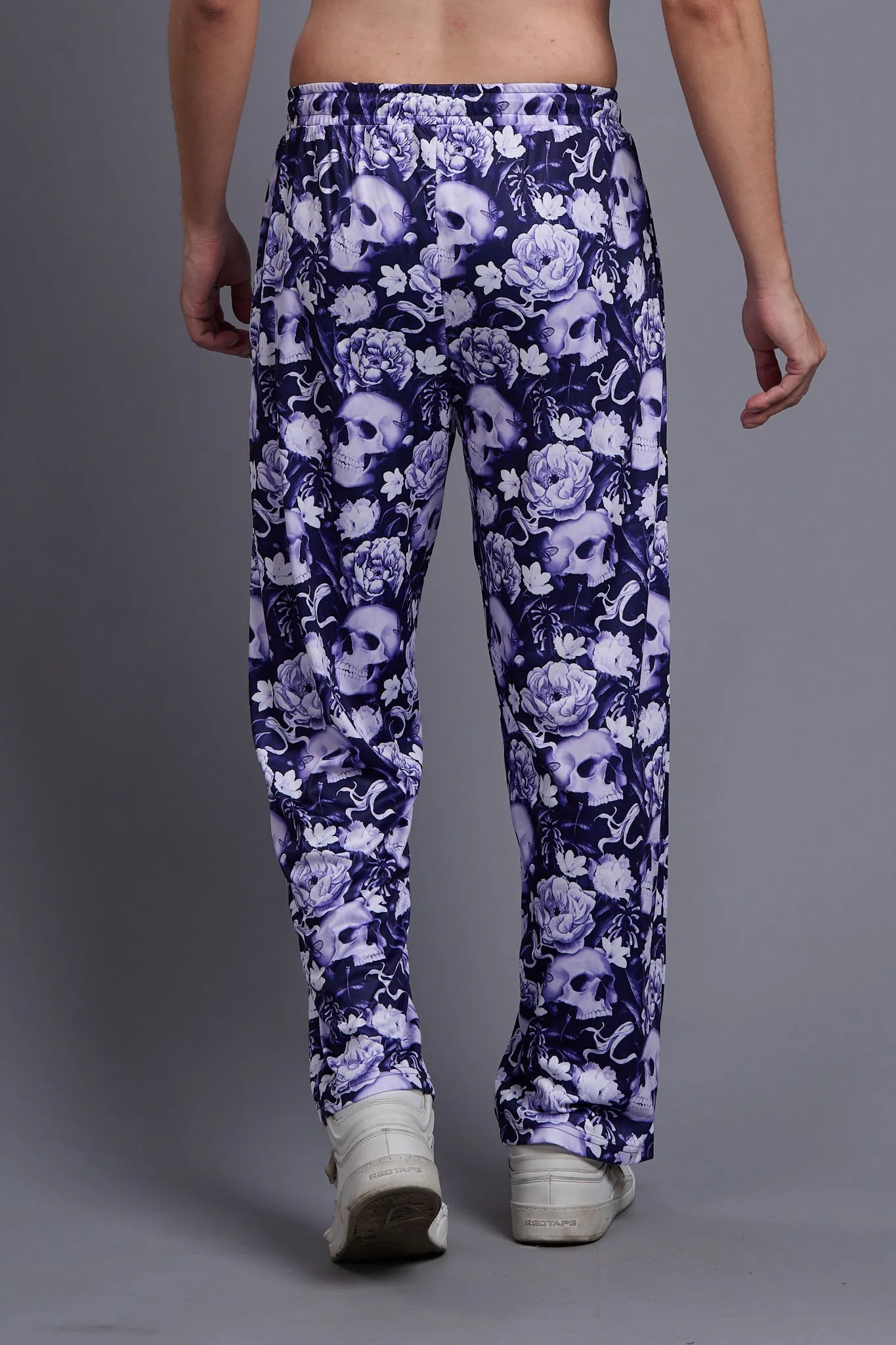 Flower Printed White and Royal Blue Joggers for Men