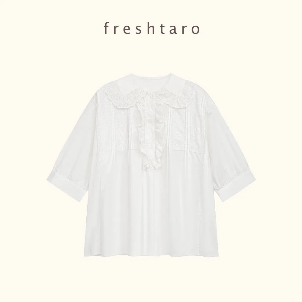 freshtaro heavyweight vintage girl lace splicing doll collar mid-sleeve shirt women's top summer new style