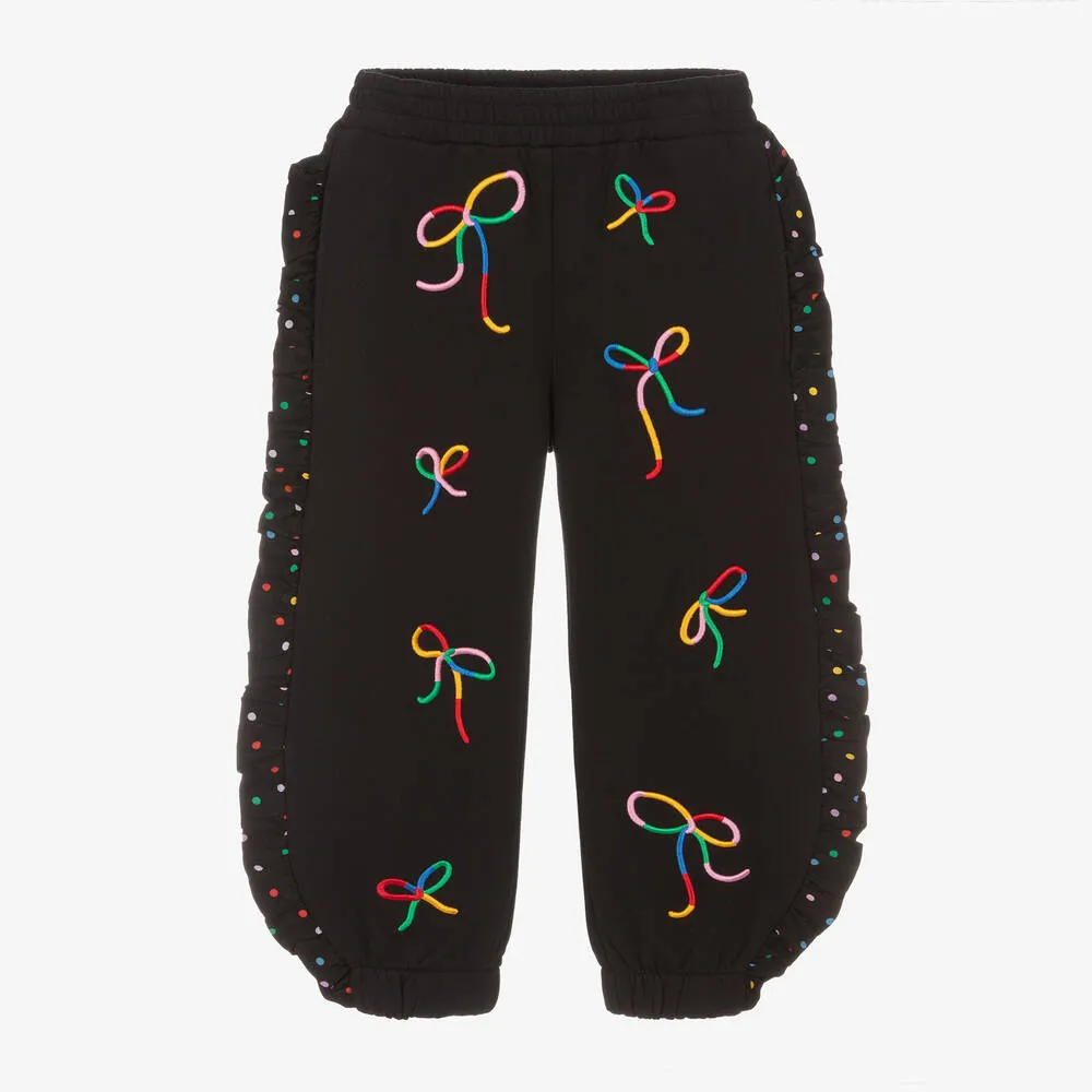 Girls Black Cotton Embroidered Bow Joggers