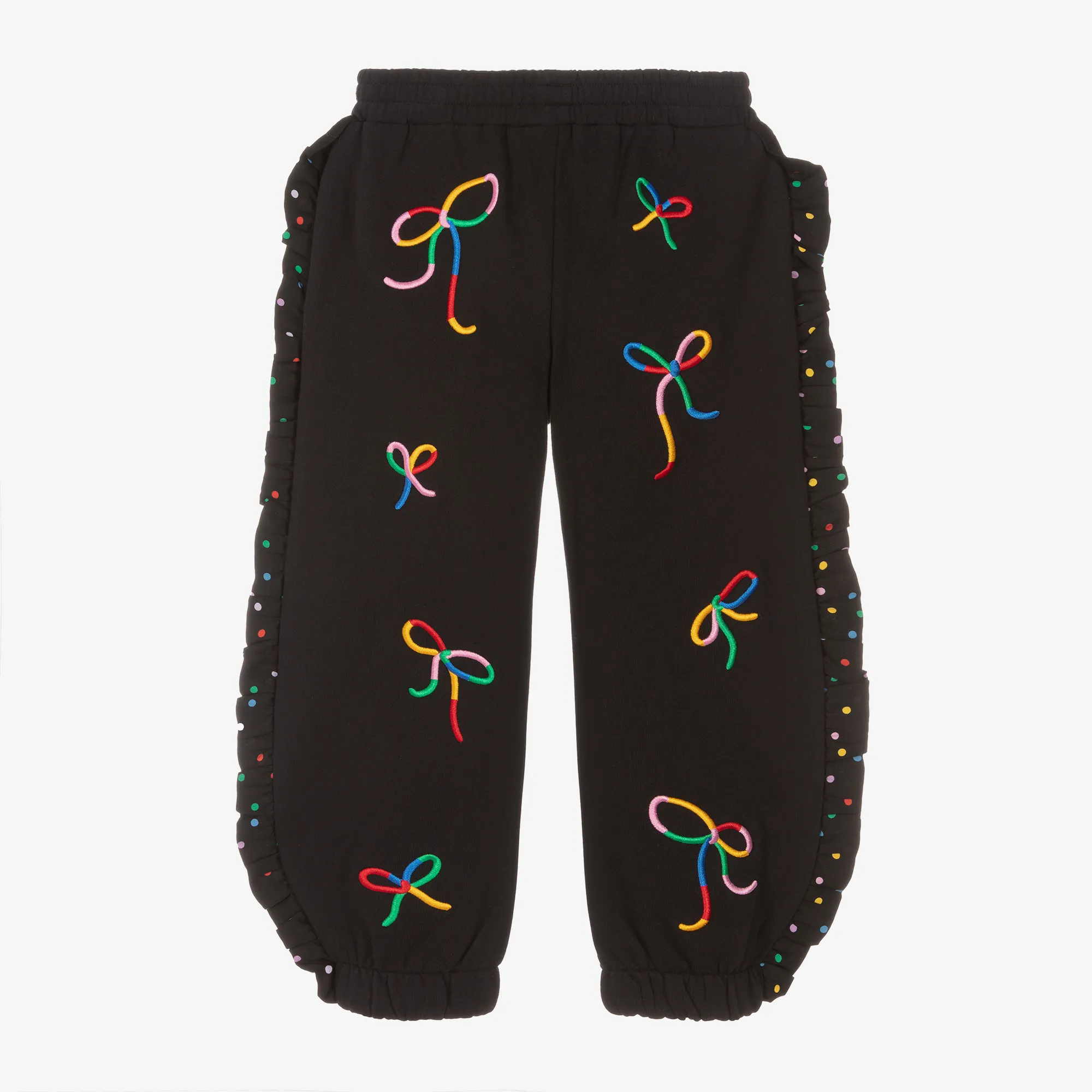 Girls Black Cotton Embroidered Bow Joggers