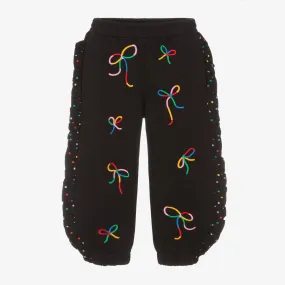 Girls Black Cotton Embroidered Bow Joggers