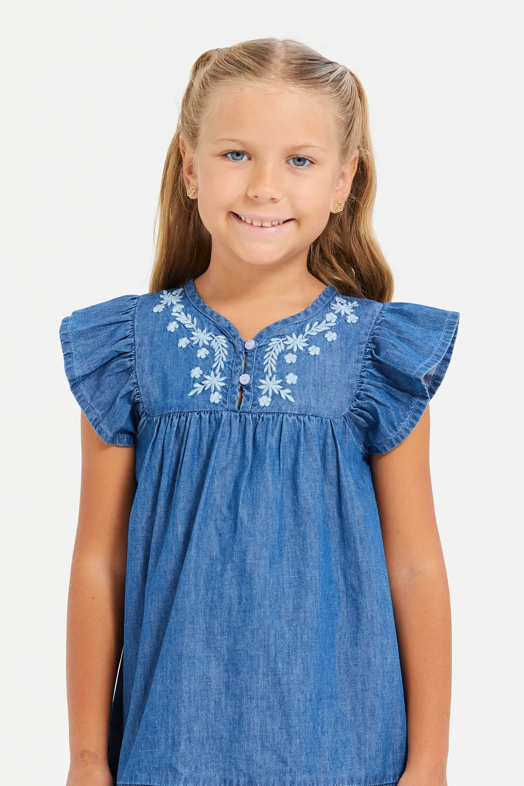 Girls Blue Denim Embroidered Dress