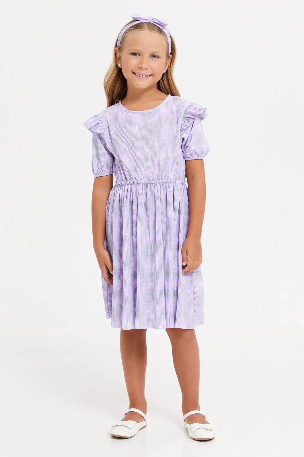 Girls Lilac Printed Tiered Dress With Headband