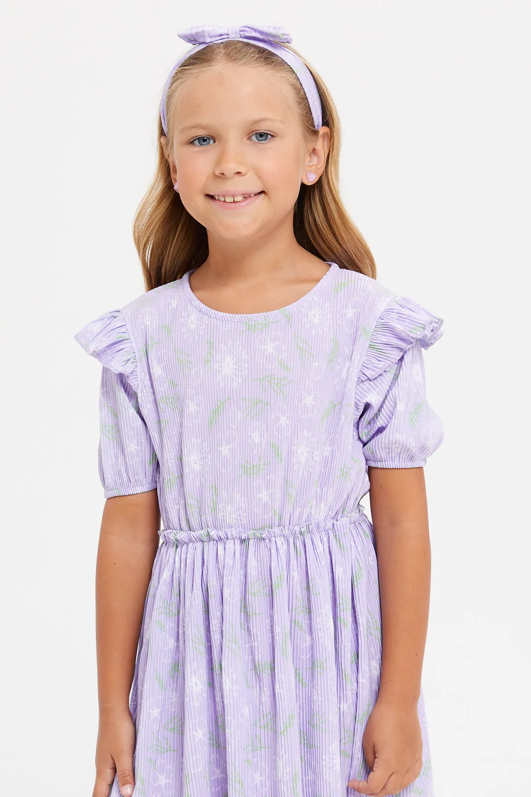 Girls Lilac Printed Tiered Dress With Headband