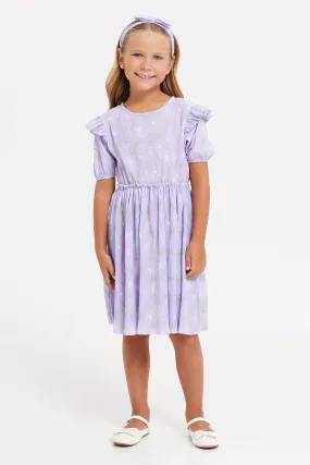 Girls Lilac Printed Tiered Dress With Headband