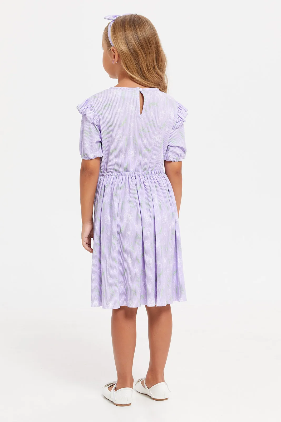 Girls Lilac Printed Tiered Dress With Headband