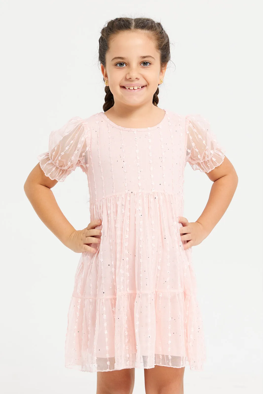 Girls Pink Jacquard Tiered Dress