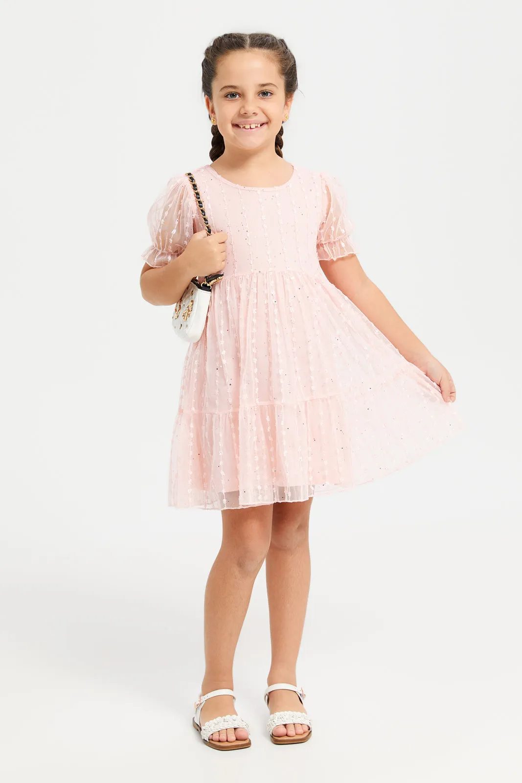 Girls Pink Jacquard Tiered Dress