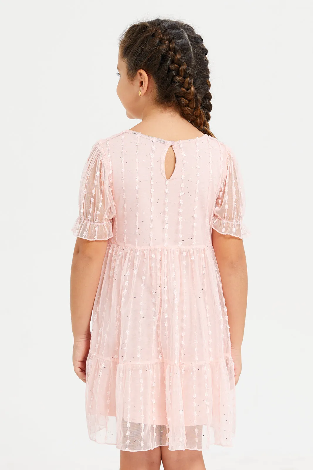 Girls Pink Jacquard Tiered Dress