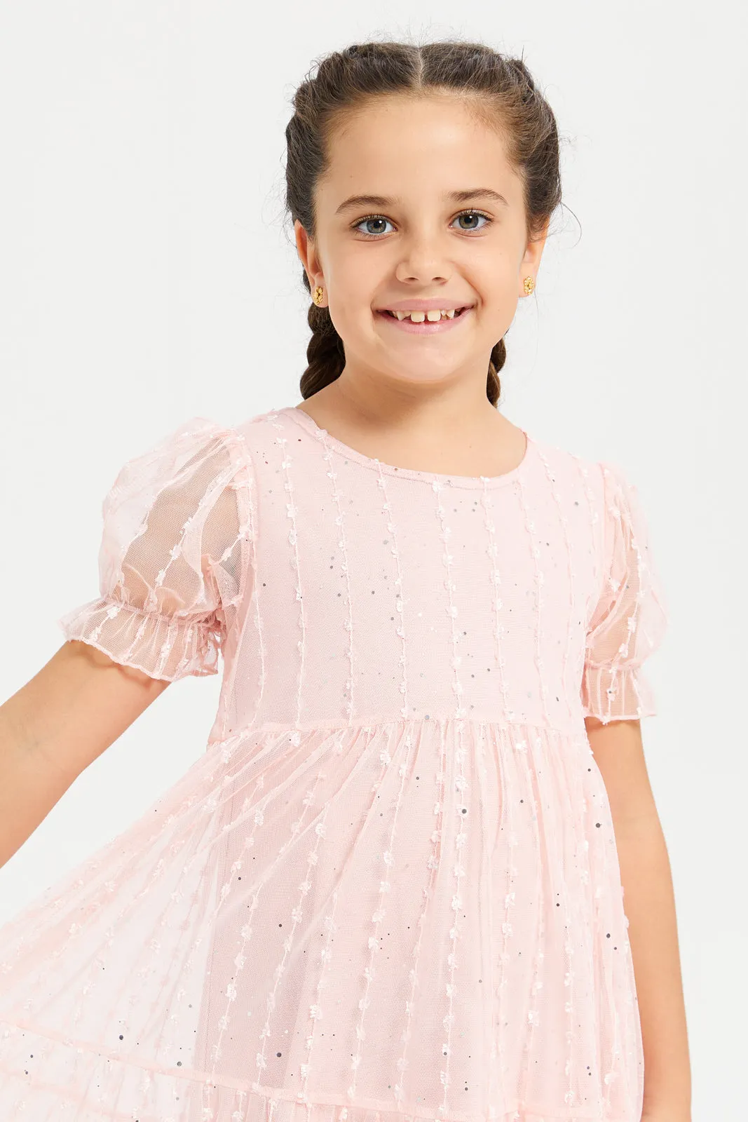 Girls Pink Jacquard Tiered Dress