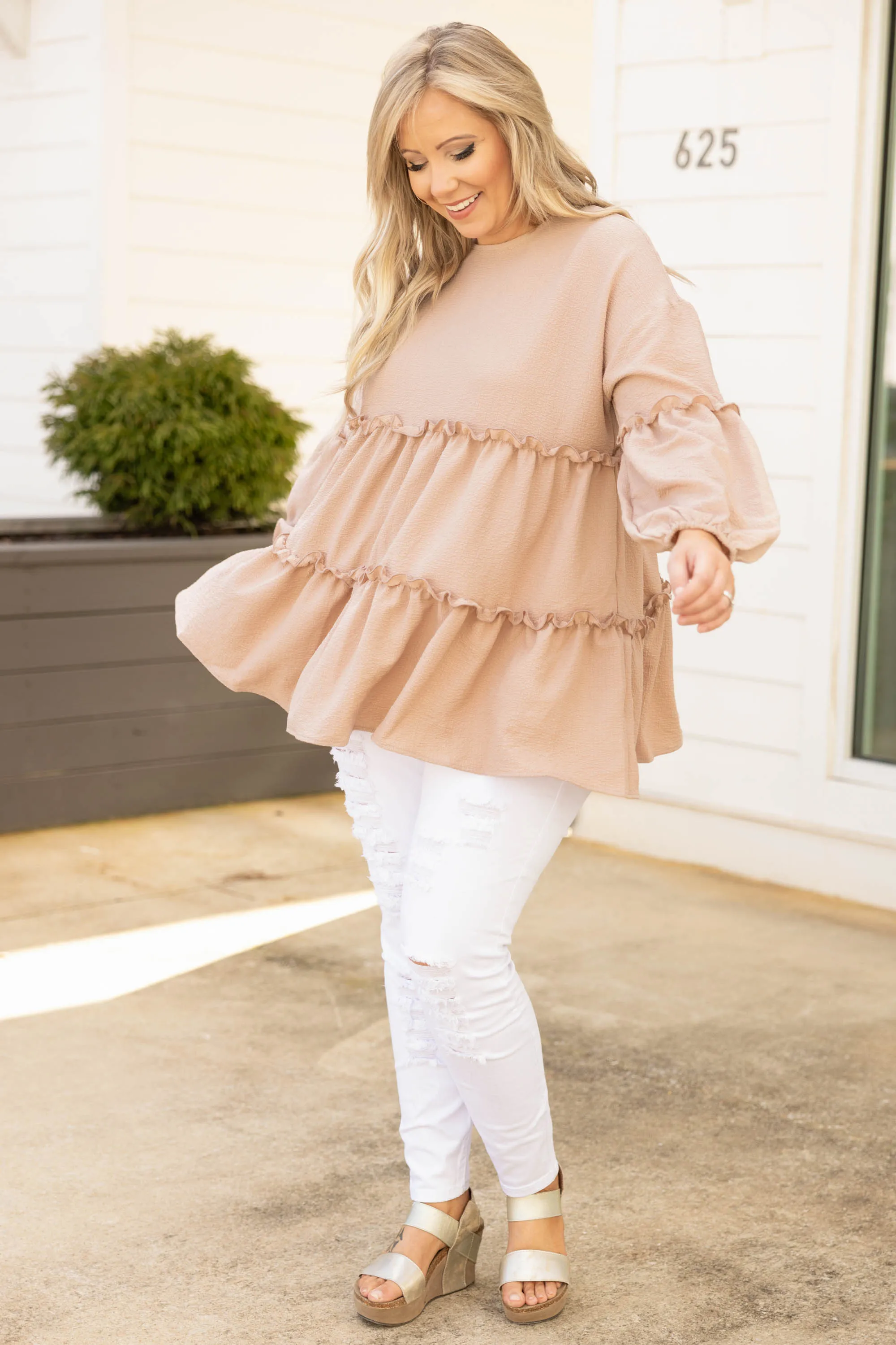 Taupe Top with Flutter Sleeve