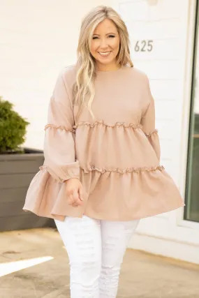 Taupe Top with Flutter Sleeve