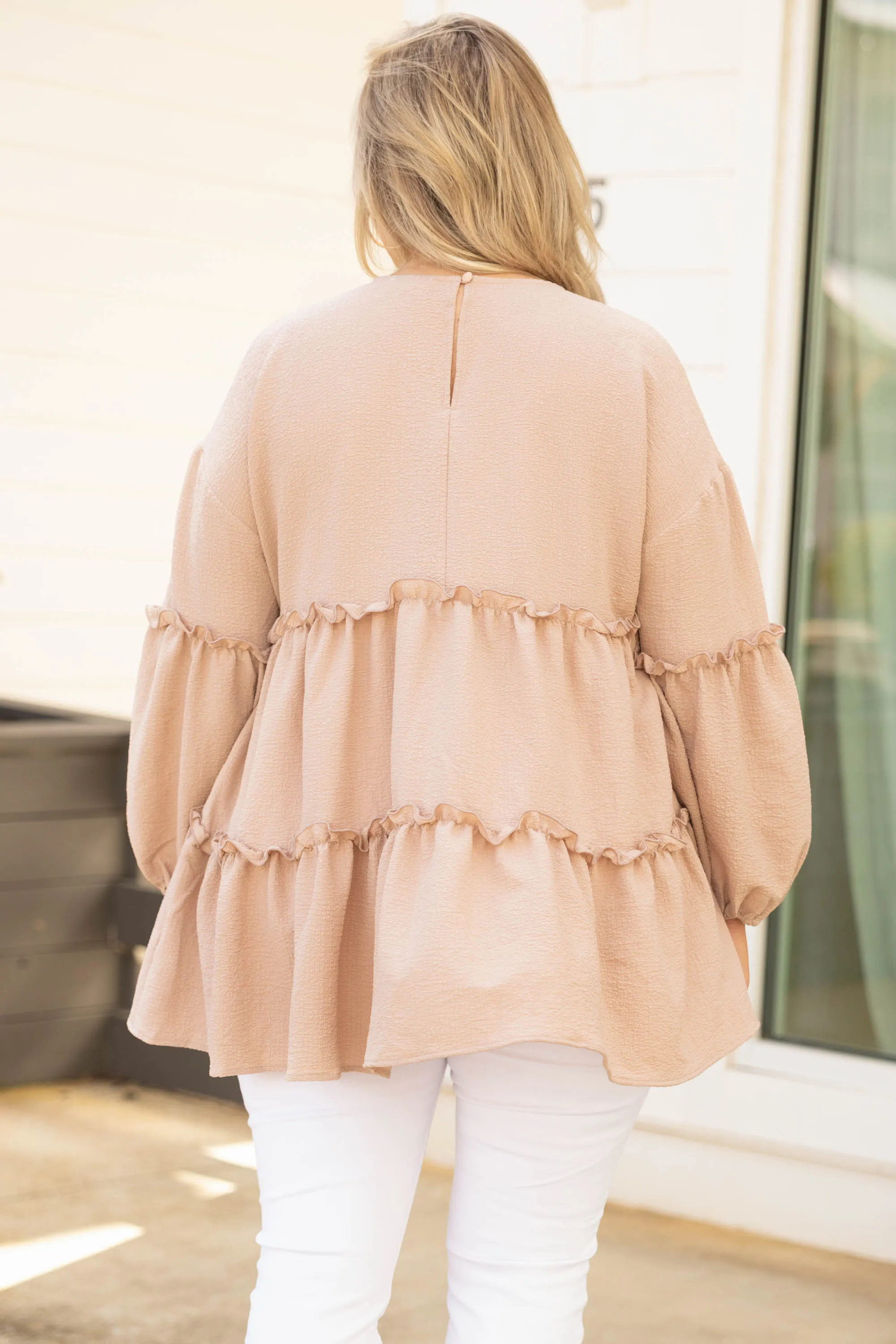 Taupe Top with Flutter Sleeve