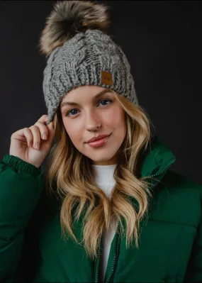 Gray Cable Knit Pom Hat