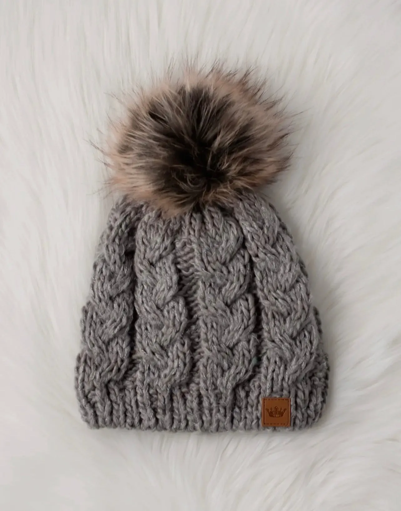 Gray Cable Knit Pom Hat