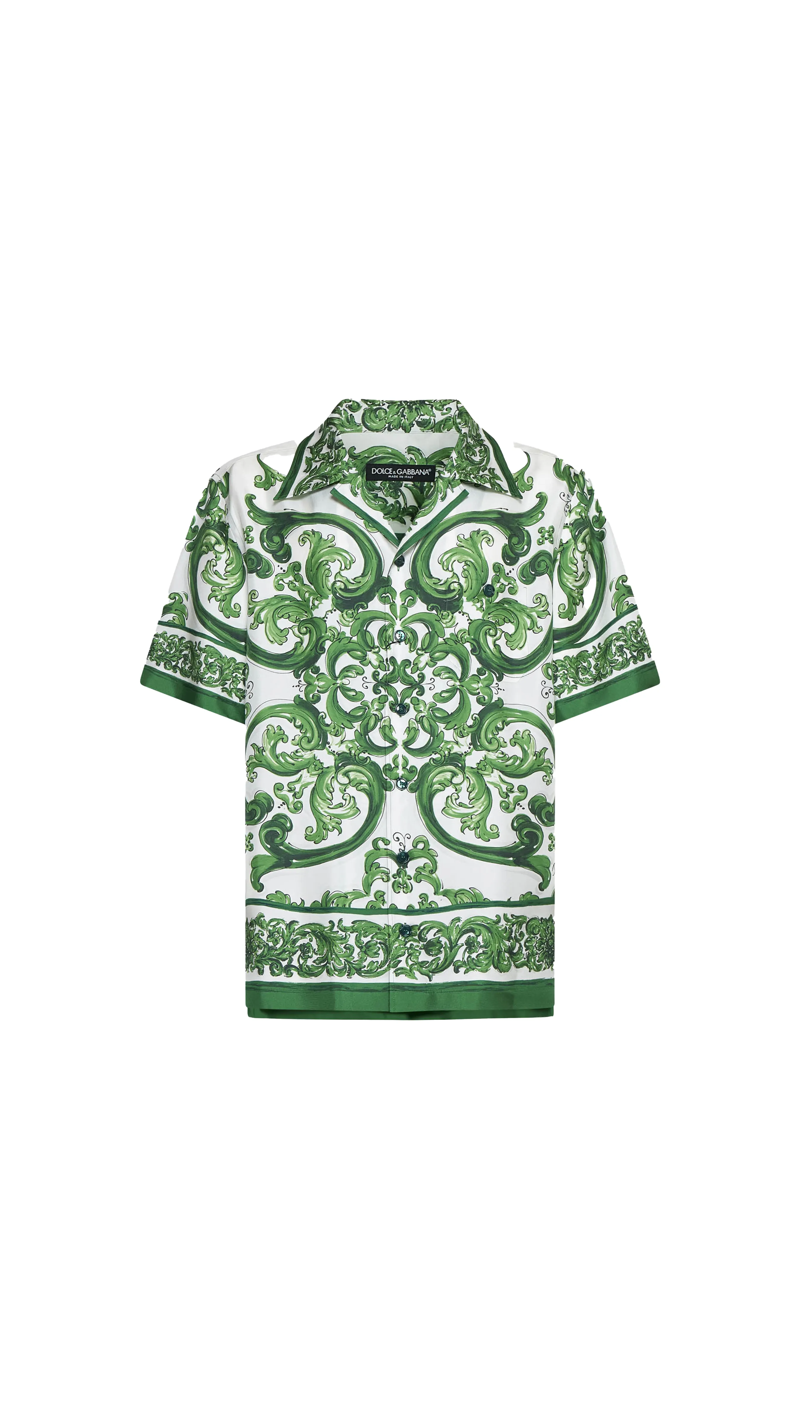 Green Majolica Print Hawaiian Shirt in Silk Twill