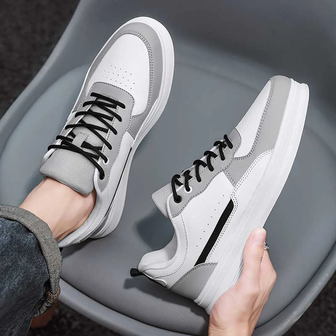 Grey White Casual Lace Up Shoe Sneaker