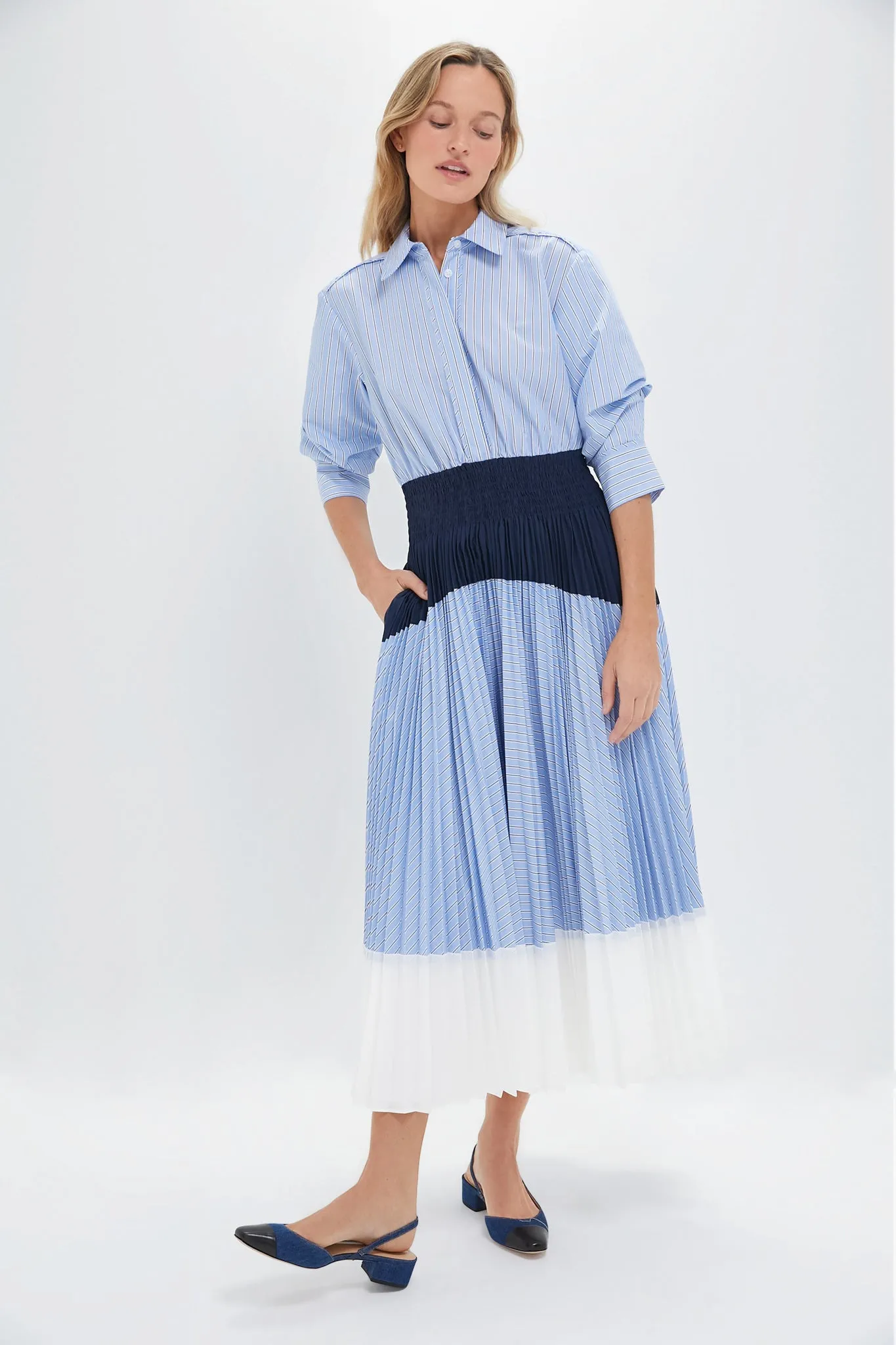 Harbor Blue Stripe Jenella Pleated Combo Dress