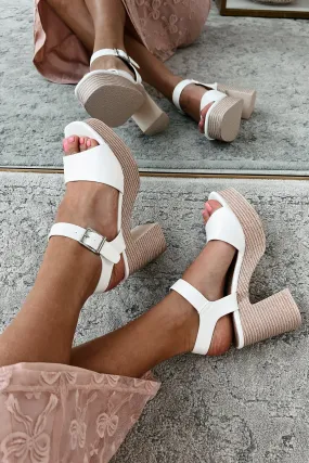 Iconic Steps Platform Block Heel Sandal (White)