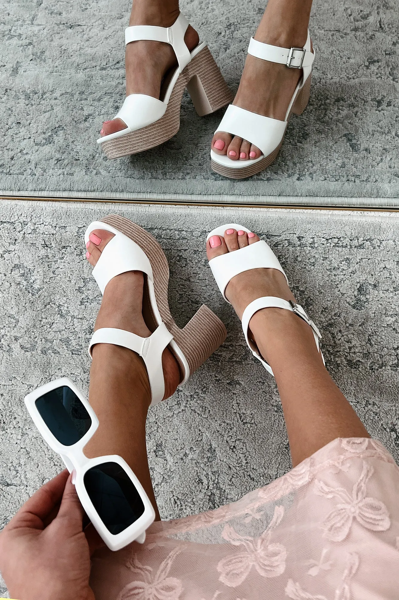 Iconic Steps Platform Block Heel Sandal (White)