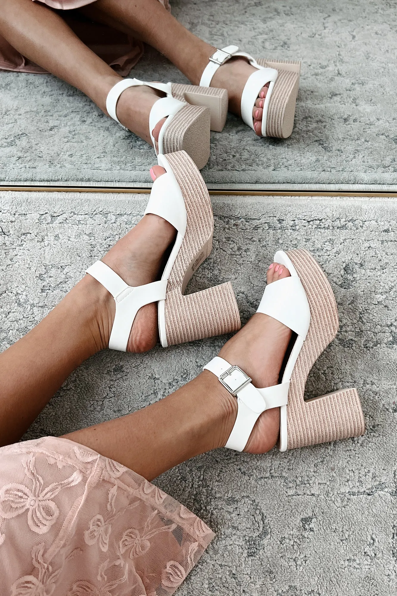 Iconic Steps Platform Block Heel Sandal (White)